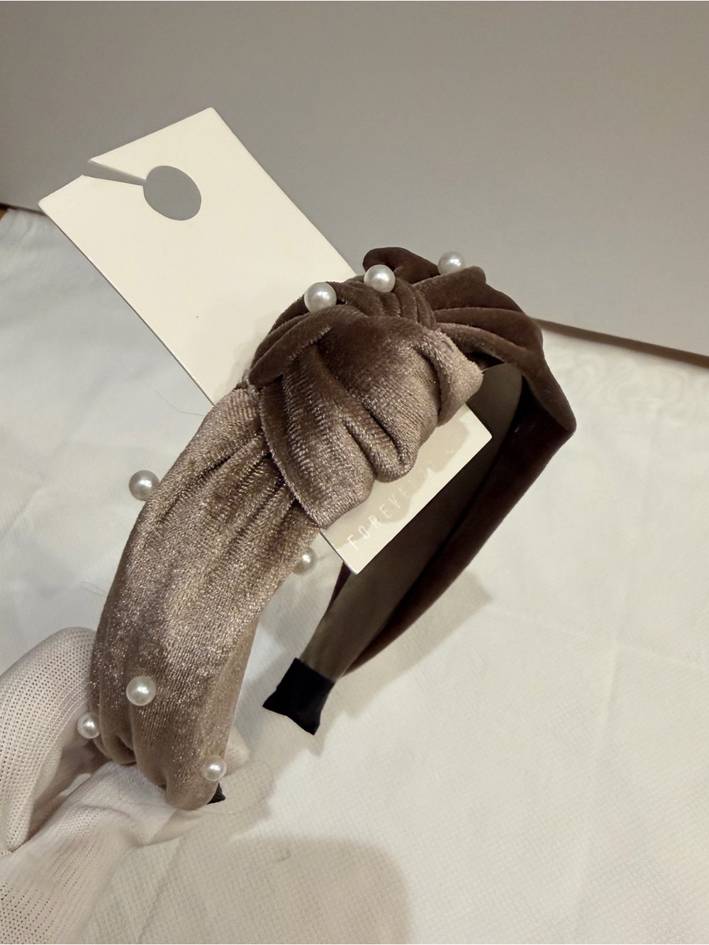 NWT: Velvet Pearl-Knot Headband in Taupe - Picture 3 of 5